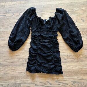 ASTR The Label Black Lace Ruched Mini Dress Puff Sleeve Women Small AC15467L